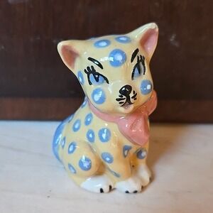 VTG Whimsical Polka Dot Cat Figurine Pink Yelw California Studio Pottery USA MCM